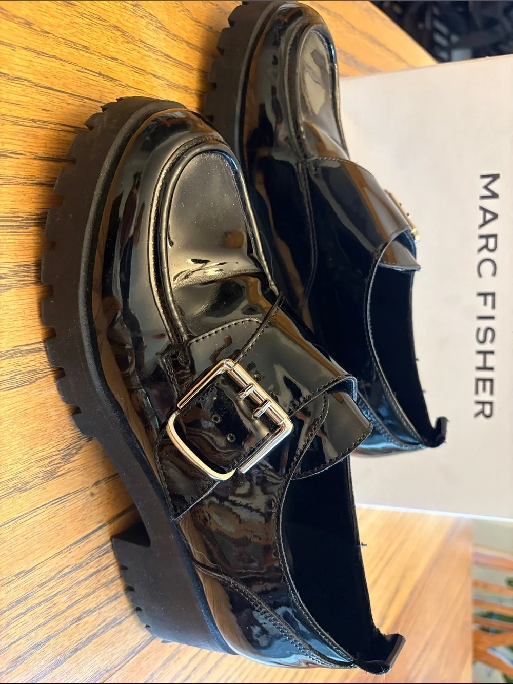 Marc Fisher Black Patent Leather Buckle Slip-On Loafers